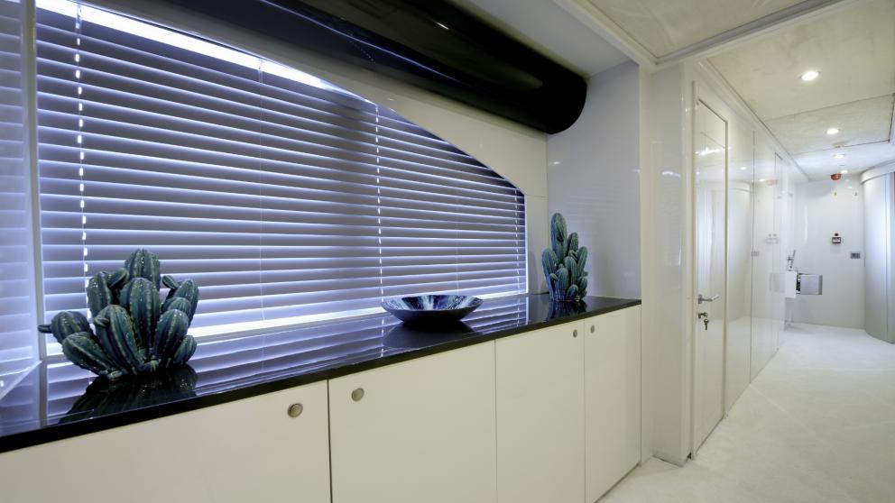 A simple sideboard decorated with cactuses stands under the window covered with blinds.